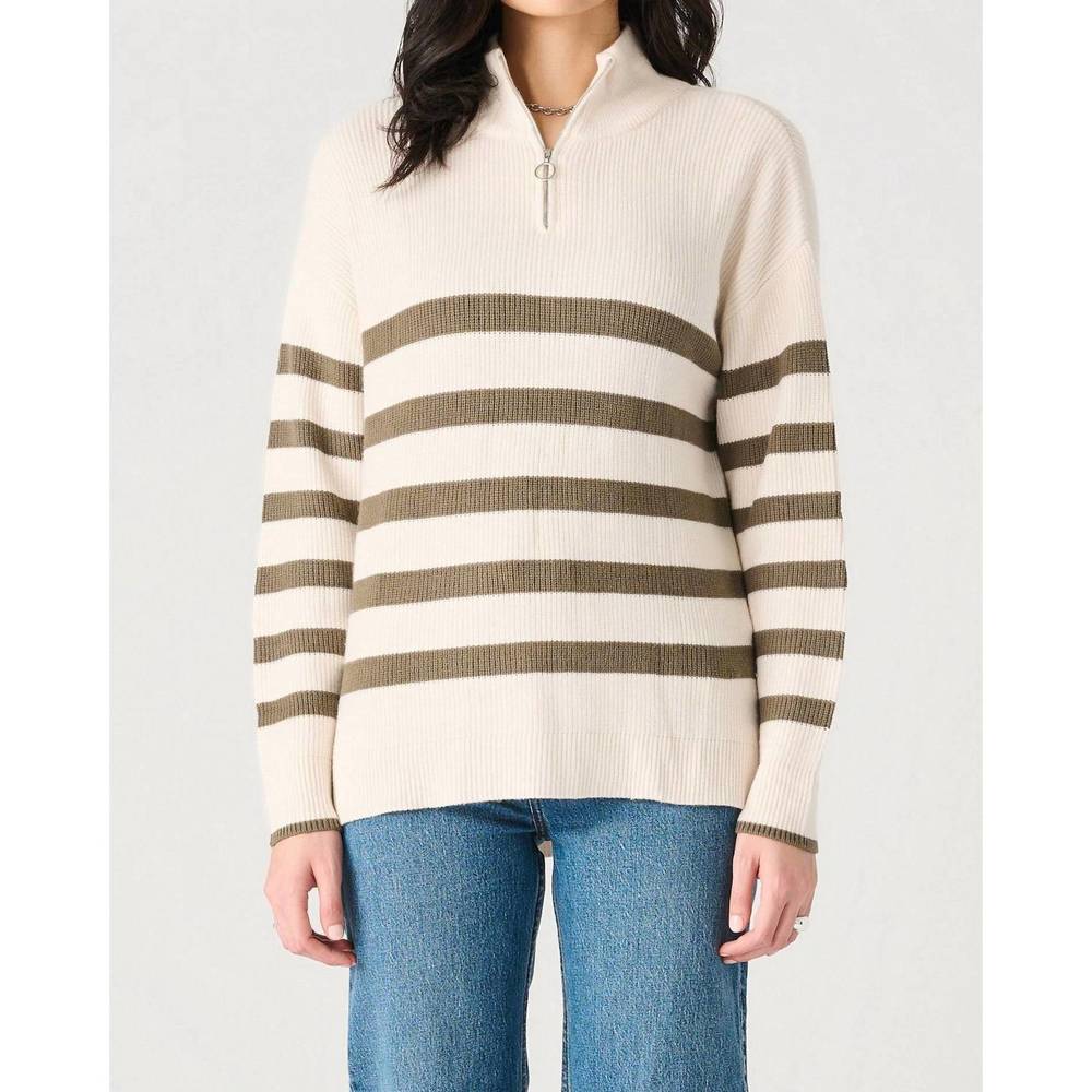 NEW DEX stripe zip-up sweater in cream/army green